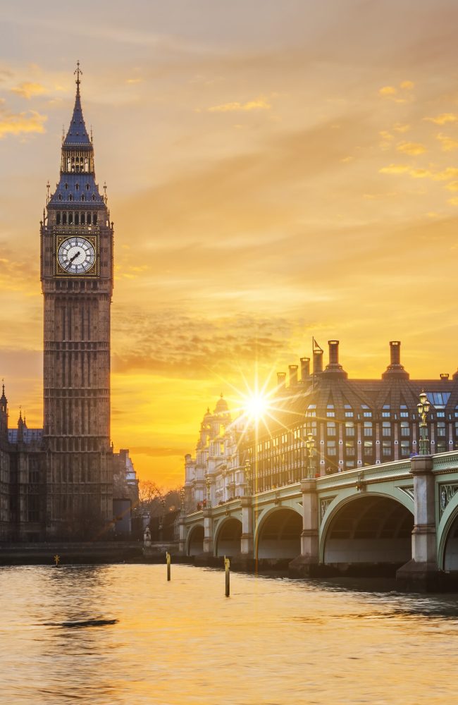 Big Ben and Westminster Bridge at sunset, London, UK