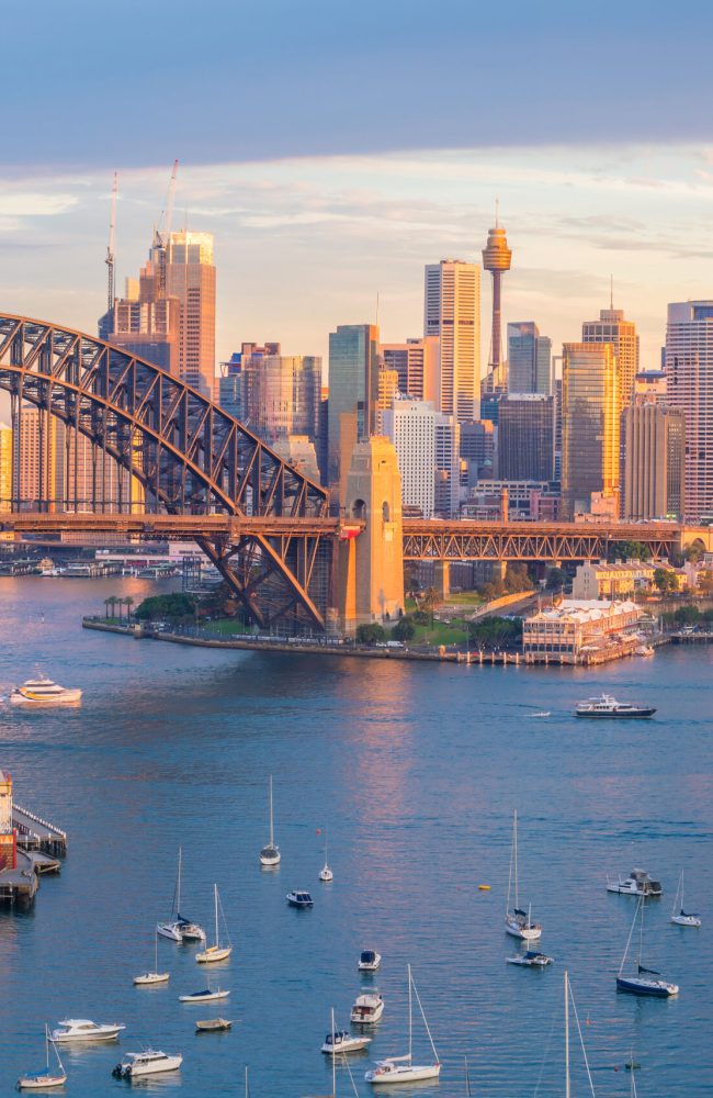 Downtown Sydney skyline in Australia from top view at twilight