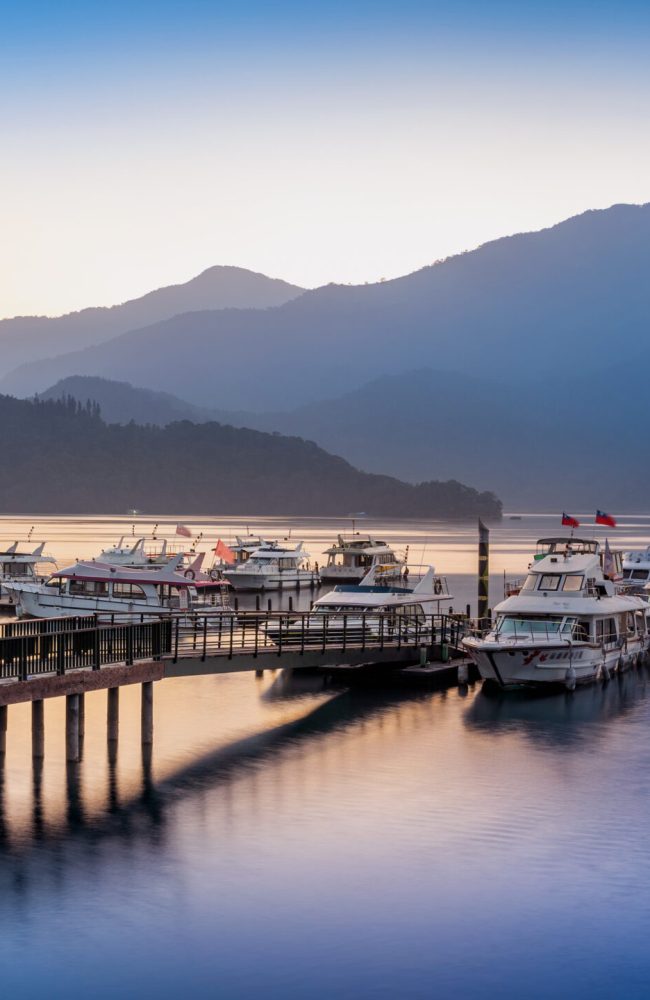 Sun Moon Lake at sunrise in Nantou, Taiwan.