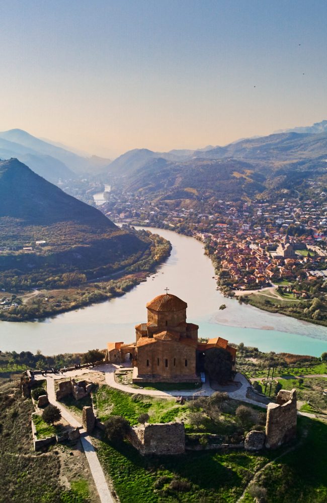 Top view of confluence of two rivers and Jvari monastery in the city of Mtskheta in Georgia country