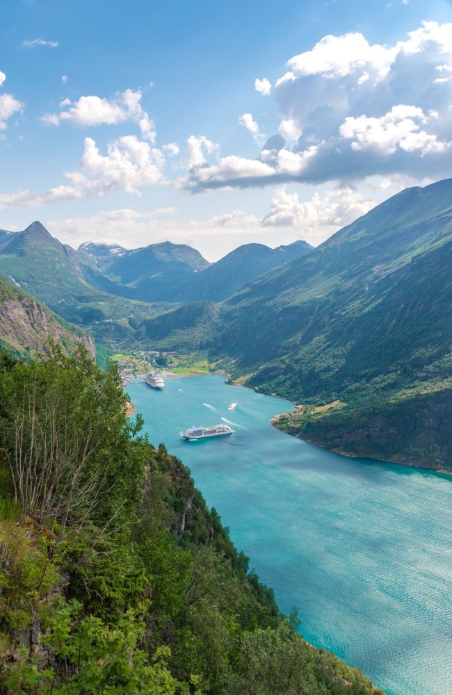 A vertical bird-eye shot fo the view of Geirangerfjord, Norway