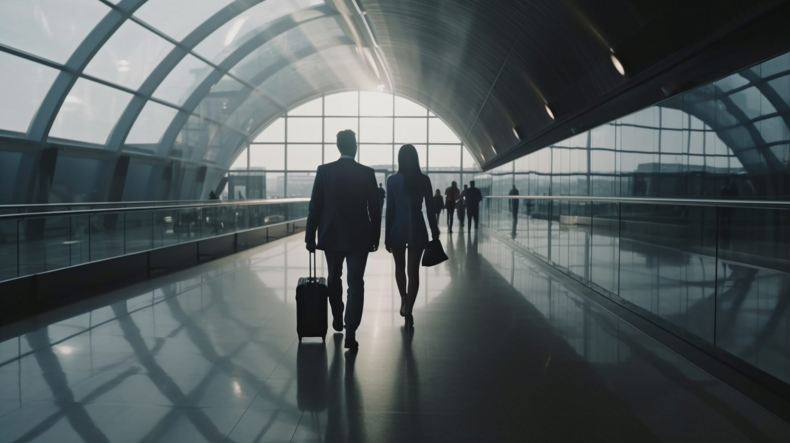 Smiling businessmen and ladies carrying baggage move through the airport, Generative AI
